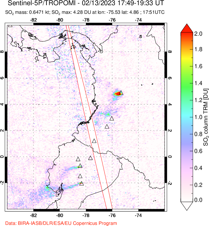 A sulfur dioxide image over Ecuador on Feb 13, 2023.