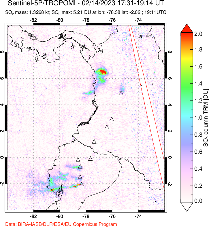 A sulfur dioxide image over Ecuador on Feb 14, 2023.