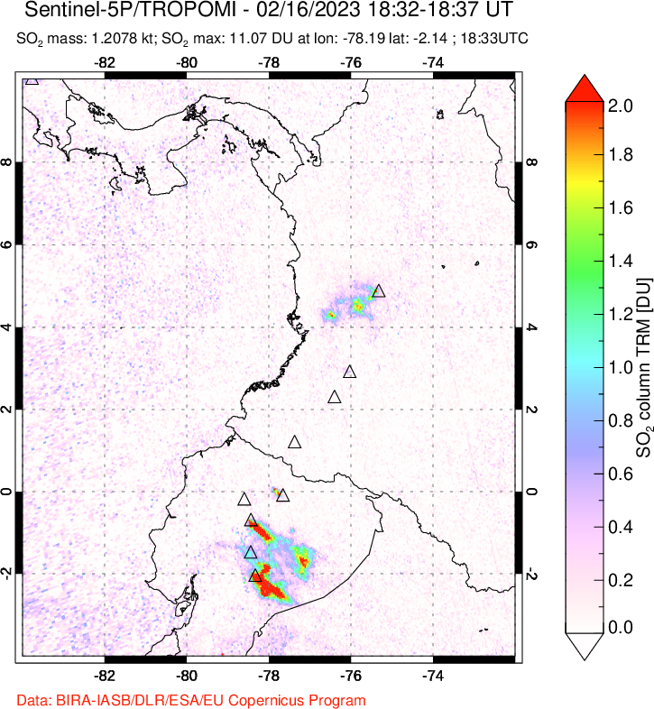 A sulfur dioxide image over Ecuador on Feb 16, 2023.