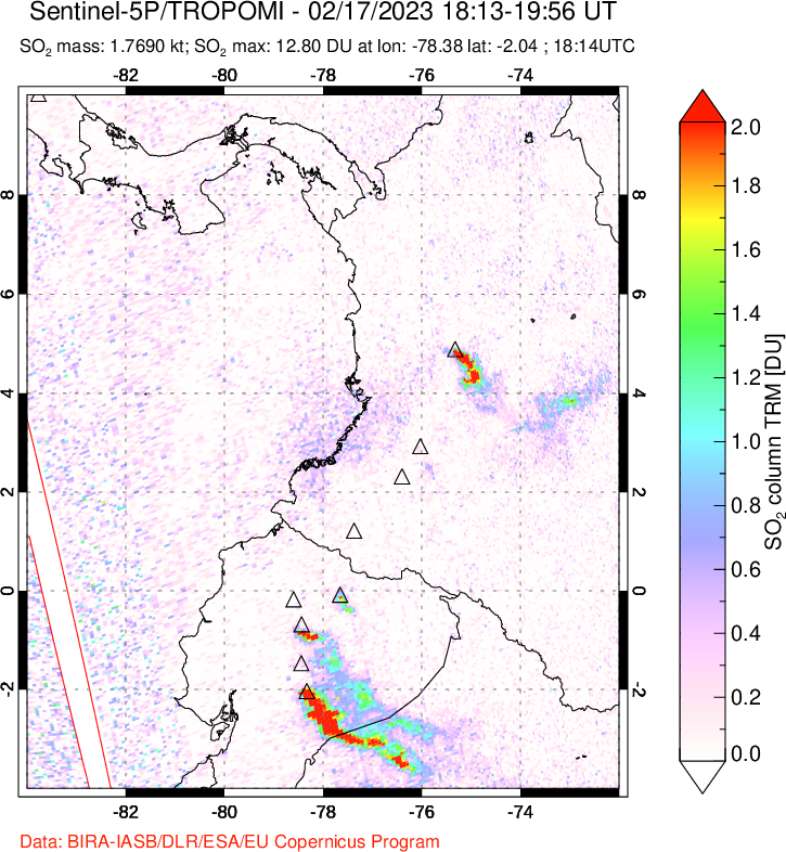 A sulfur dioxide image over Ecuador on Feb 17, 2023.