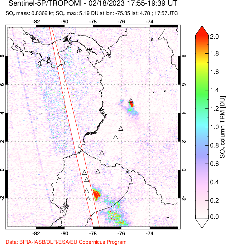 A sulfur dioxide image over Ecuador on Feb 18, 2023.