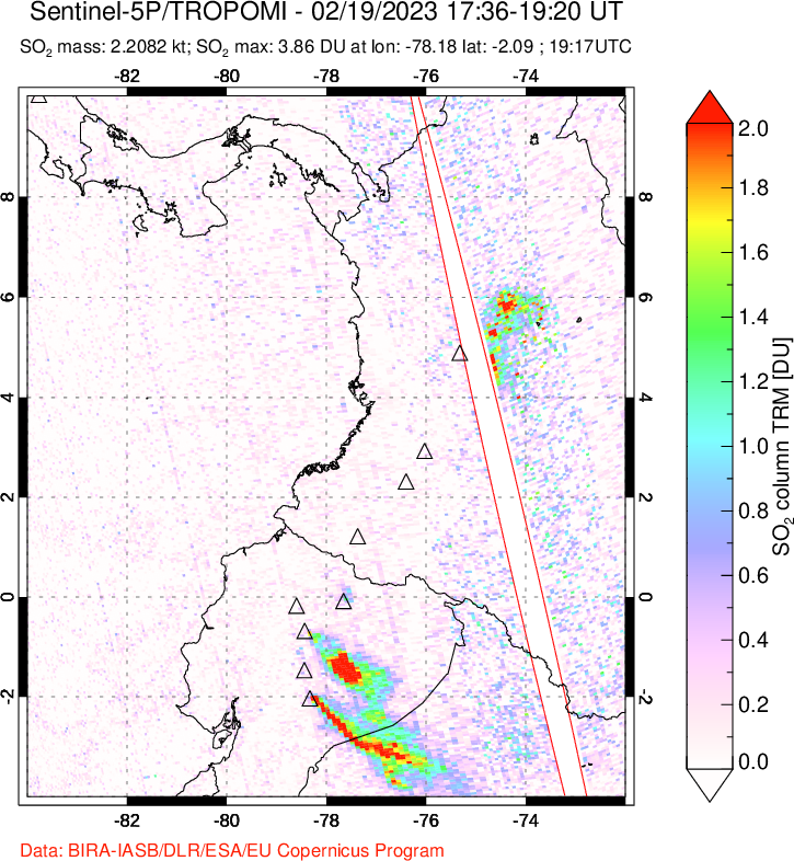 A sulfur dioxide image over Ecuador on Feb 19, 2023.