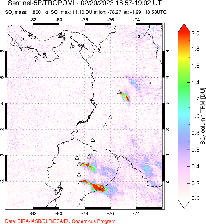 A sulfur dioxide image over Ecuador on Feb 20, 2023.