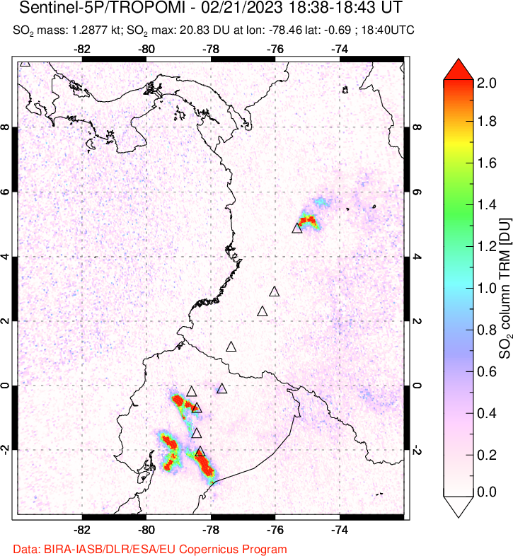 A sulfur dioxide image over Ecuador on Feb 21, 2023.