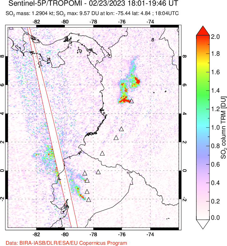 A sulfur dioxide image over Ecuador on Feb 23, 2023.