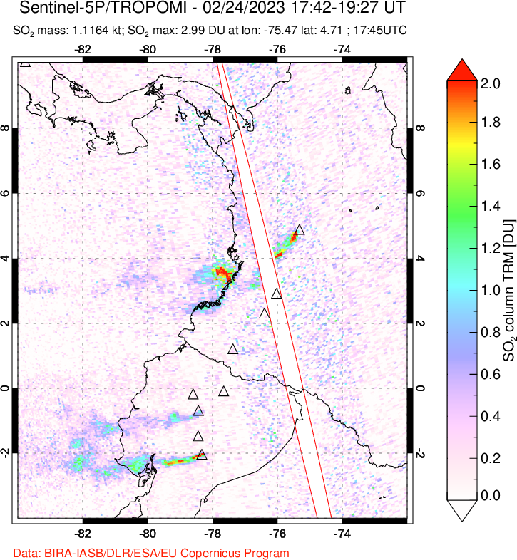 A sulfur dioxide image over Ecuador on Feb 24, 2023.