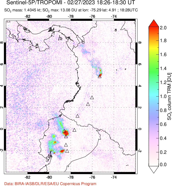 A sulfur dioxide image over Ecuador on Feb 27, 2023.