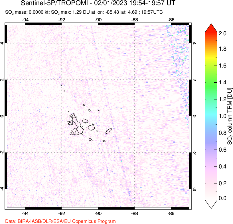 A sulfur dioxide image over Galápagos Islands on Feb 01, 2023.