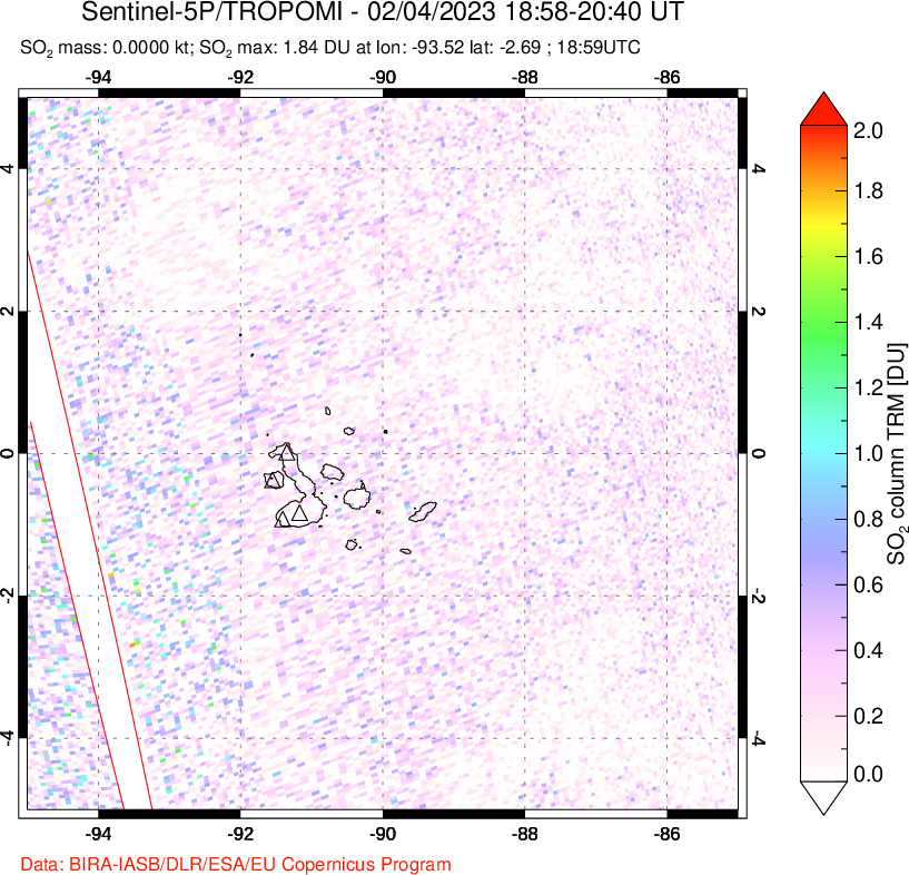 A sulfur dioxide image over Galápagos Islands on Feb 04, 2023.