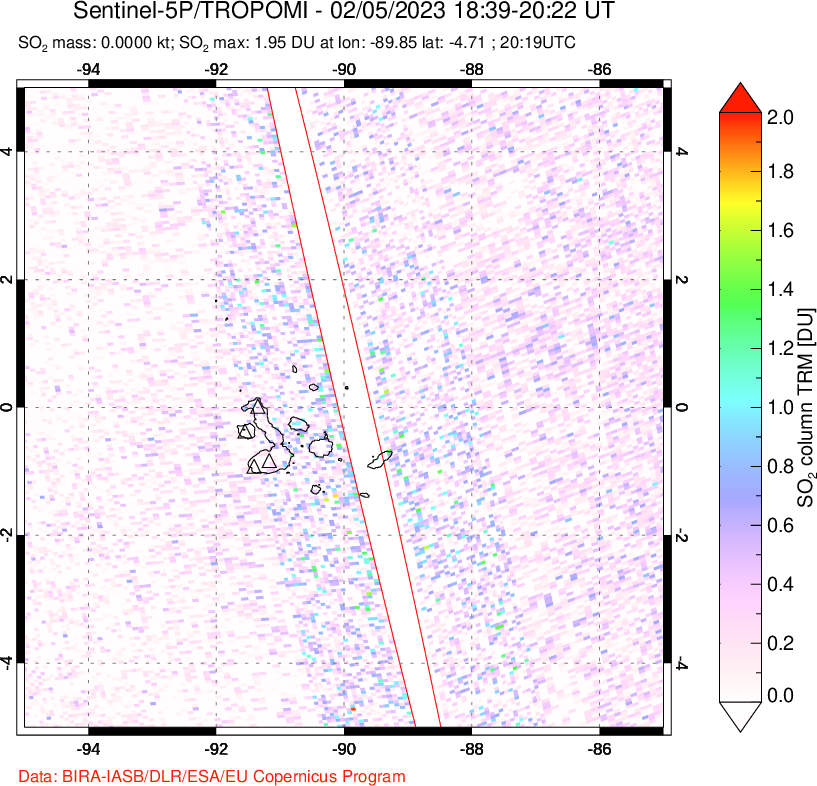 A sulfur dioxide image over Galápagos Islands on Feb 05, 2023.