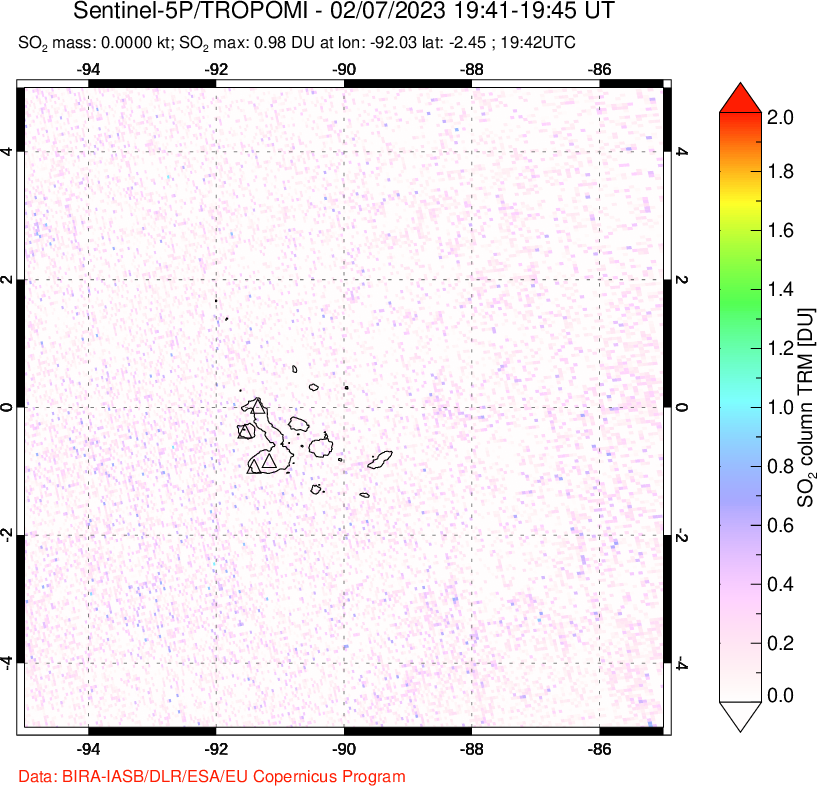 A sulfur dioxide image over Galápagos Islands on Feb 07, 2023.