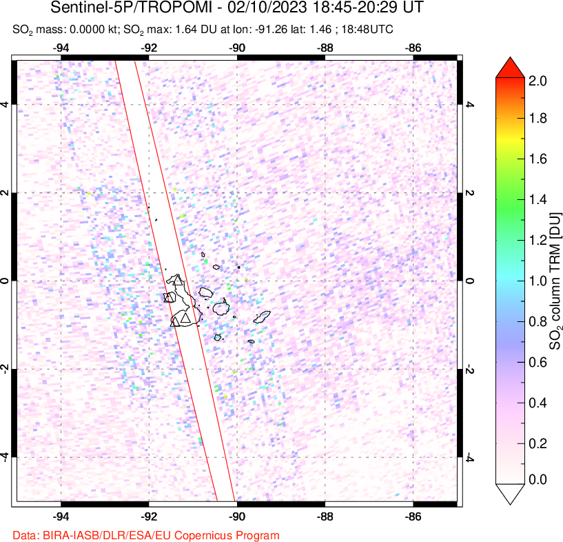 A sulfur dioxide image over Galápagos Islands on Feb 10, 2023.