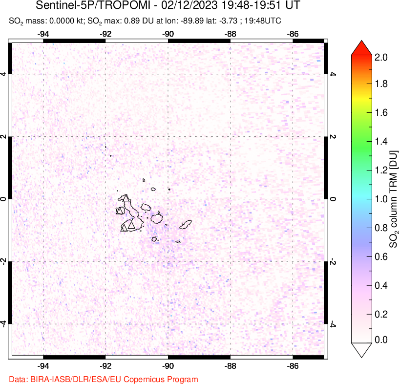 A sulfur dioxide image over Galápagos Islands on Feb 12, 2023.