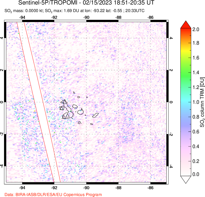 A sulfur dioxide image over Galápagos Islands on Feb 15, 2023.