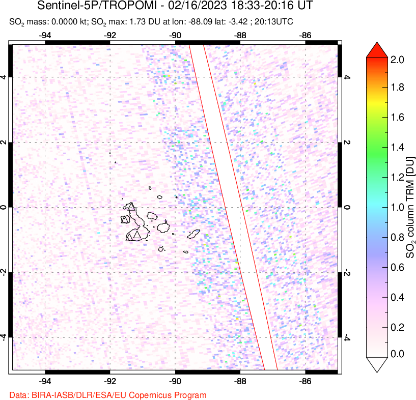 A sulfur dioxide image over Galápagos Islands on Feb 16, 2023.