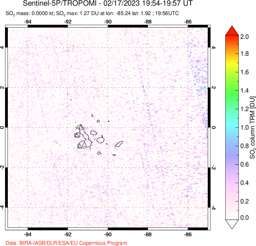 A sulfur dioxide image over Galápagos Islands on Feb 17, 2023.