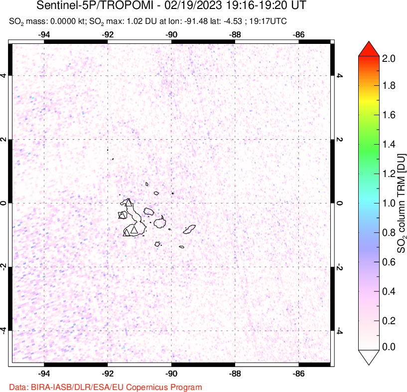 A sulfur dioxide image over Galápagos Islands on Feb 19, 2023.