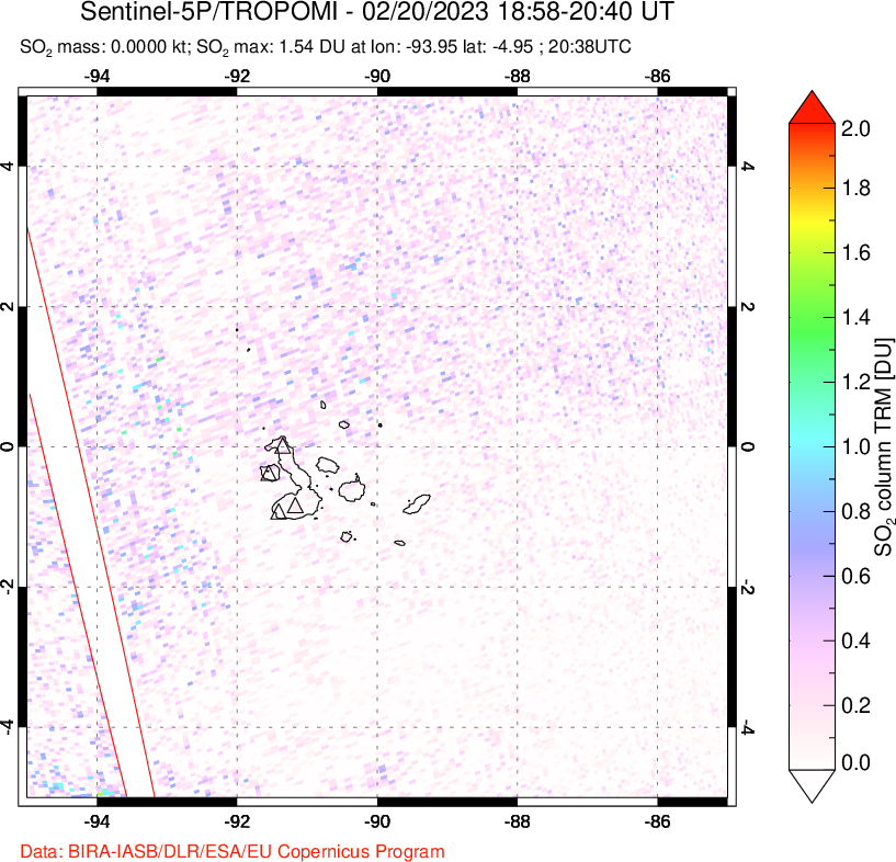 A sulfur dioxide image over Galápagos Islands on Feb 20, 2023.