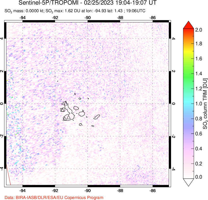 A sulfur dioxide image over Galápagos Islands on Feb 25, 2023.