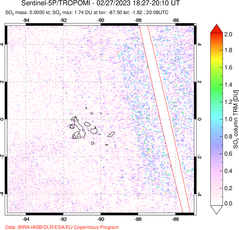 A sulfur dioxide image over Galápagos Islands on Feb 27, 2023.