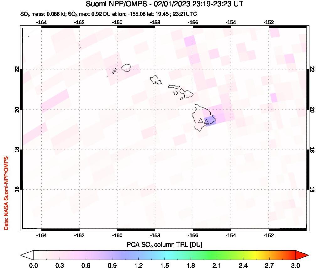 A sulfur dioxide image over Hawaii, USA on Feb 01, 2023.