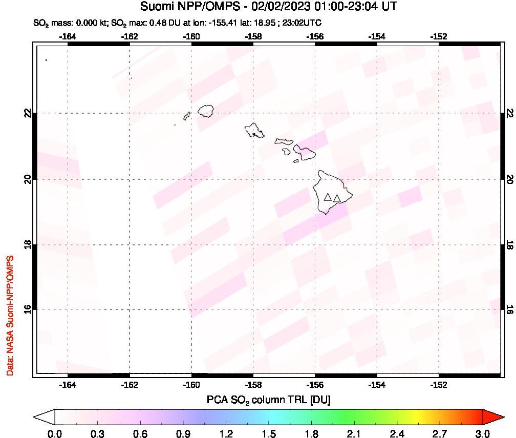 A sulfur dioxide image over Hawaii, USA on Feb 02, 2023.