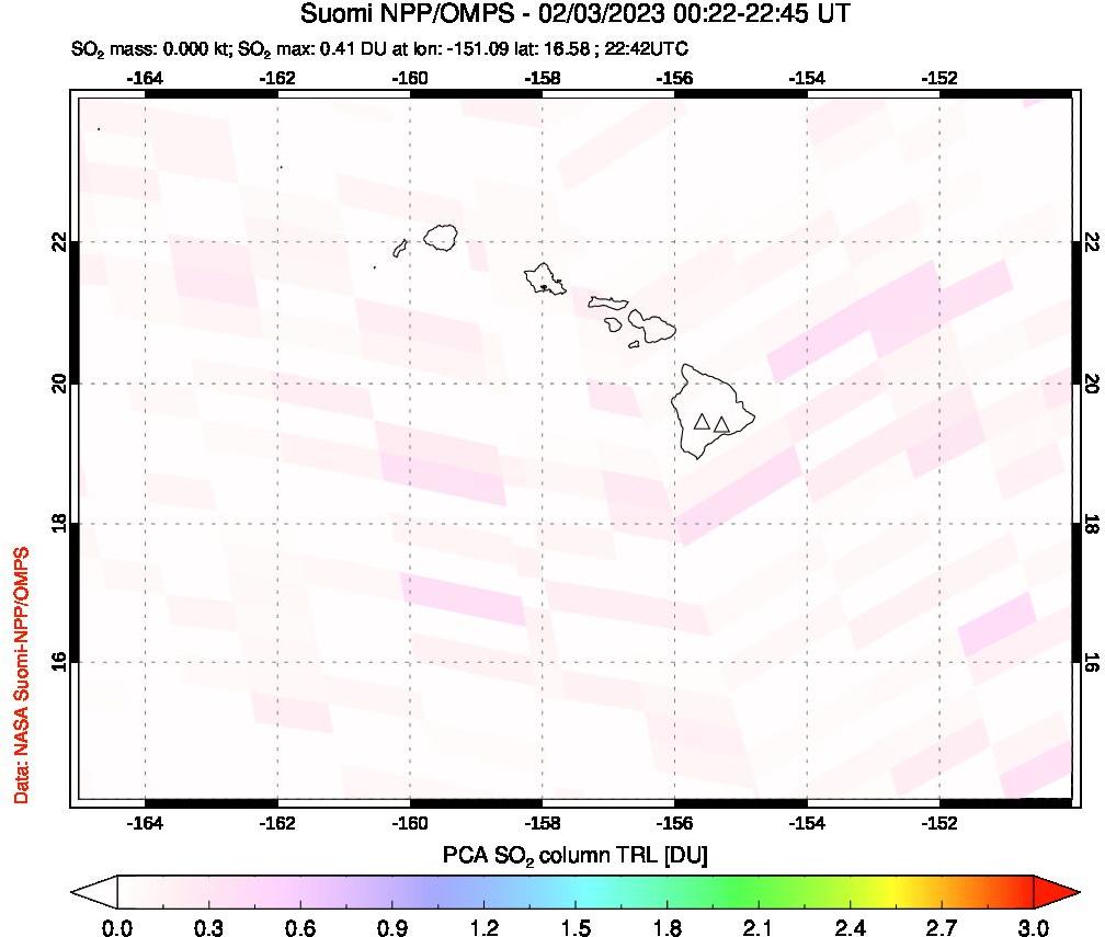 A sulfur dioxide image over Hawaii, USA on Feb 03, 2023.