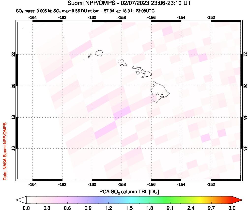 A sulfur dioxide image over Hawaii, USA on Feb 07, 2023.