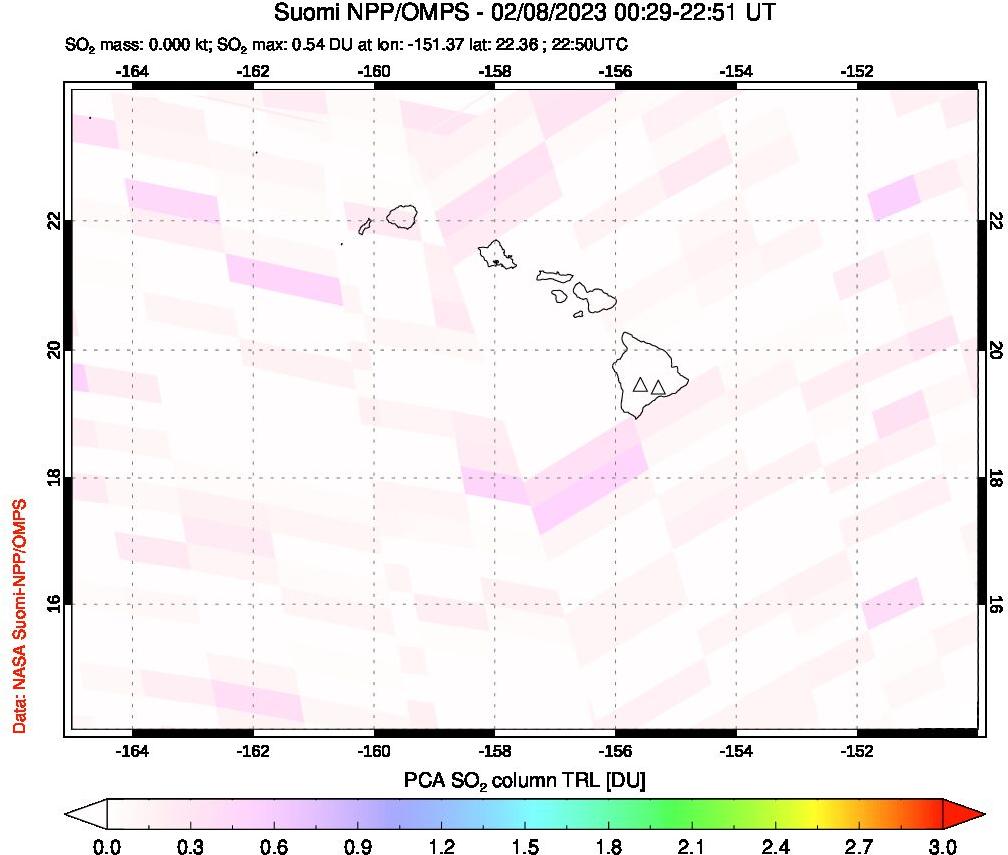 A sulfur dioxide image over Hawaii, USA on Feb 08, 2023.