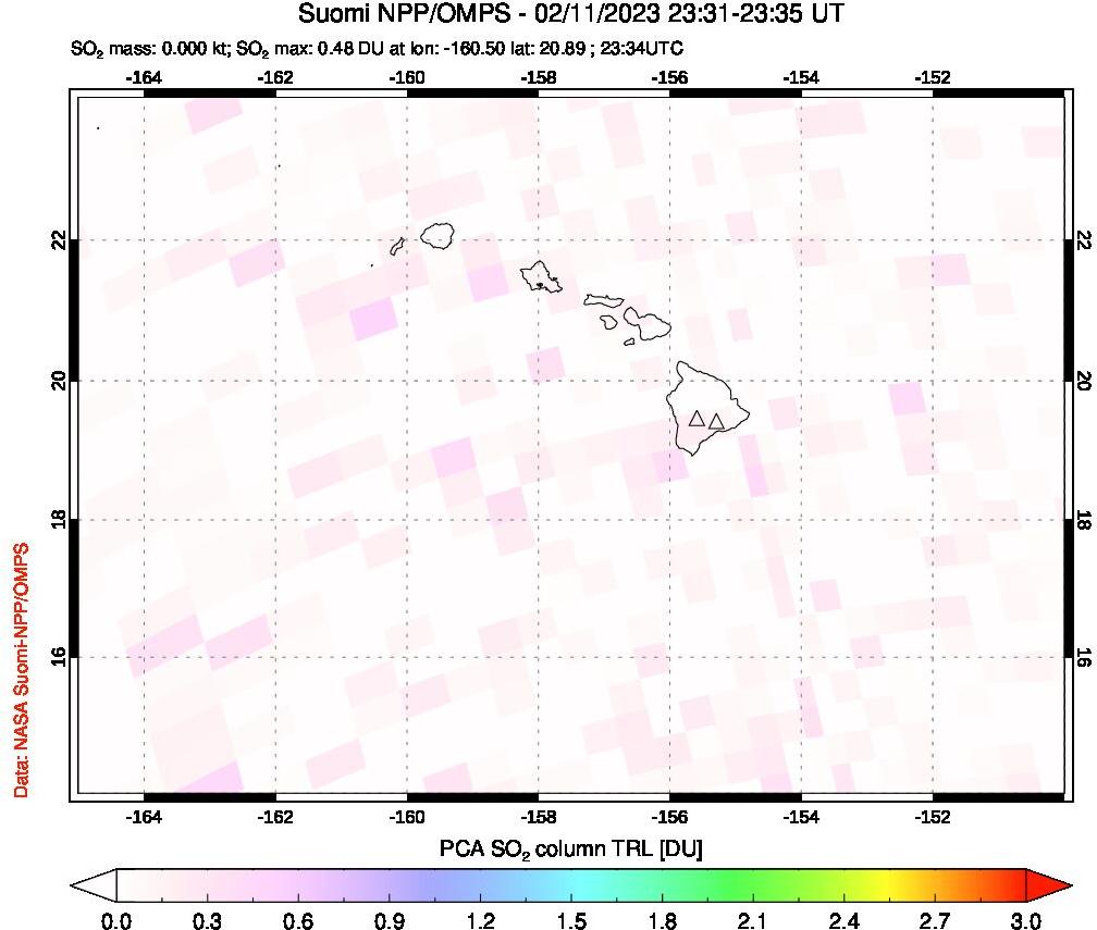A sulfur dioxide image over Hawaii, USA on Feb 11, 2023.