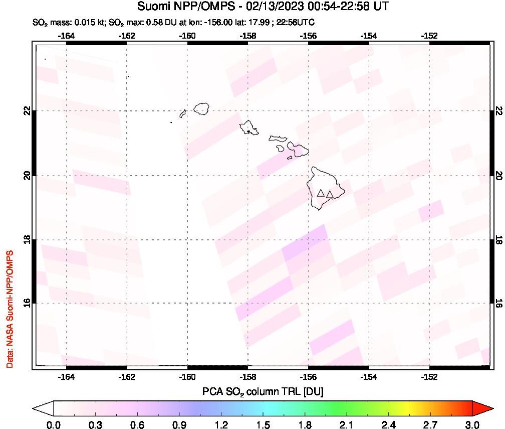 A sulfur dioxide image over Hawaii, USA on Feb 13, 2023.