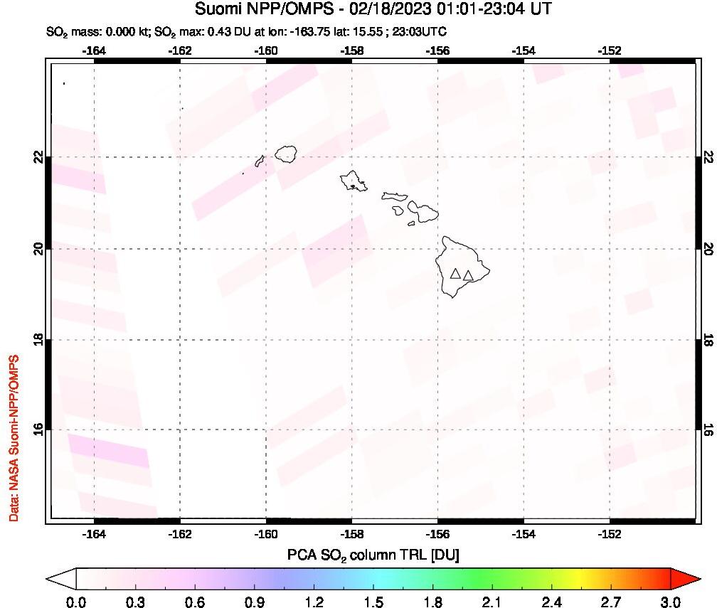 A sulfur dioxide image over Hawaii, USA on Feb 18, 2023.