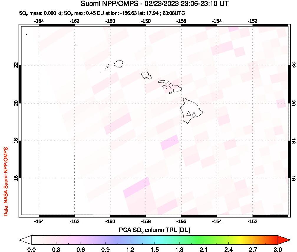 A sulfur dioxide image over Hawaii, USA on Feb 23, 2023.