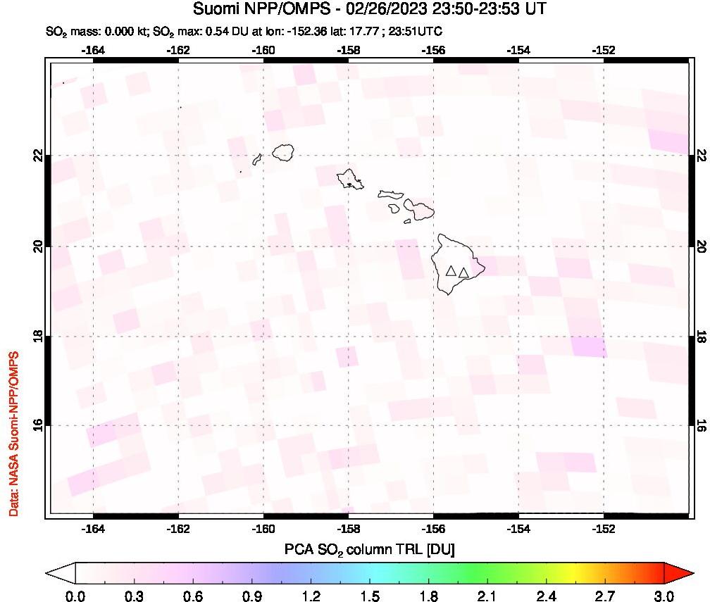 A sulfur dioxide image over Hawaii, USA on Feb 26, 2023.