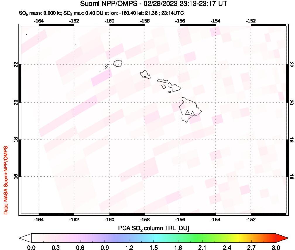 A sulfur dioxide image over Hawaii, USA on Feb 28, 2023.