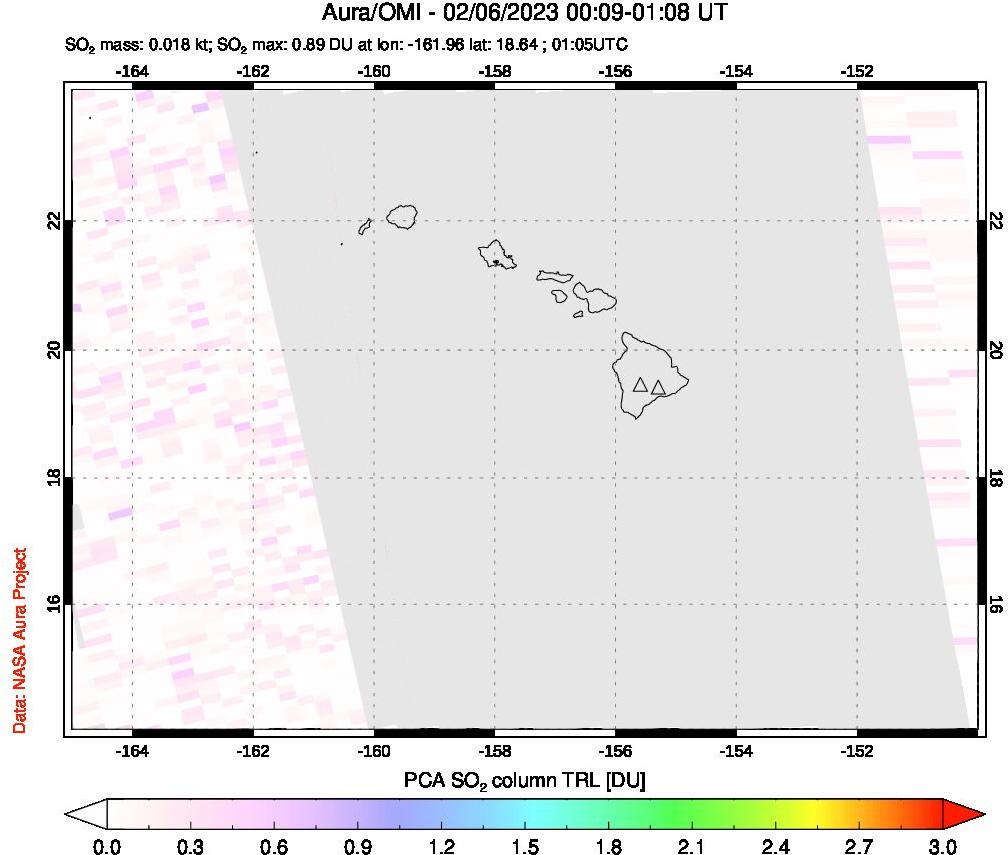 A sulfur dioxide image over Hawaii, USA on Feb 06, 2023.