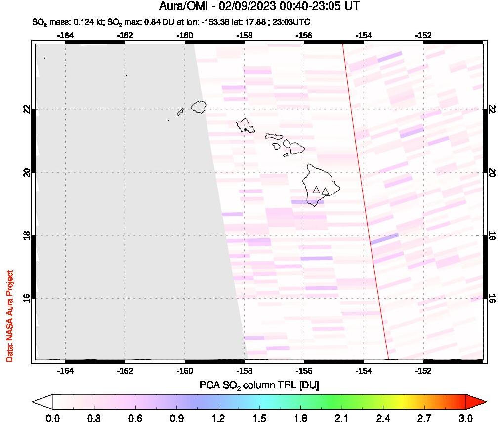 A sulfur dioxide image over Hawaii, USA on Feb 09, 2023.