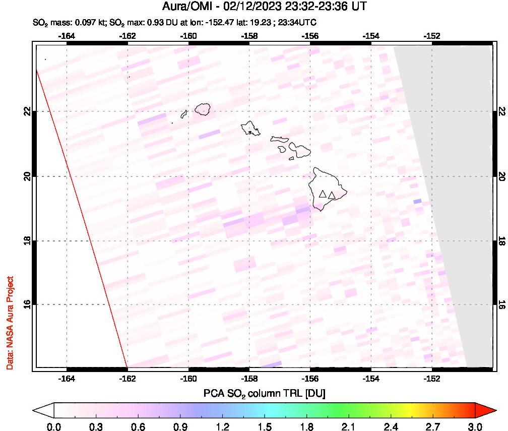 A sulfur dioxide image over Hawaii, USA on Feb 12, 2023.