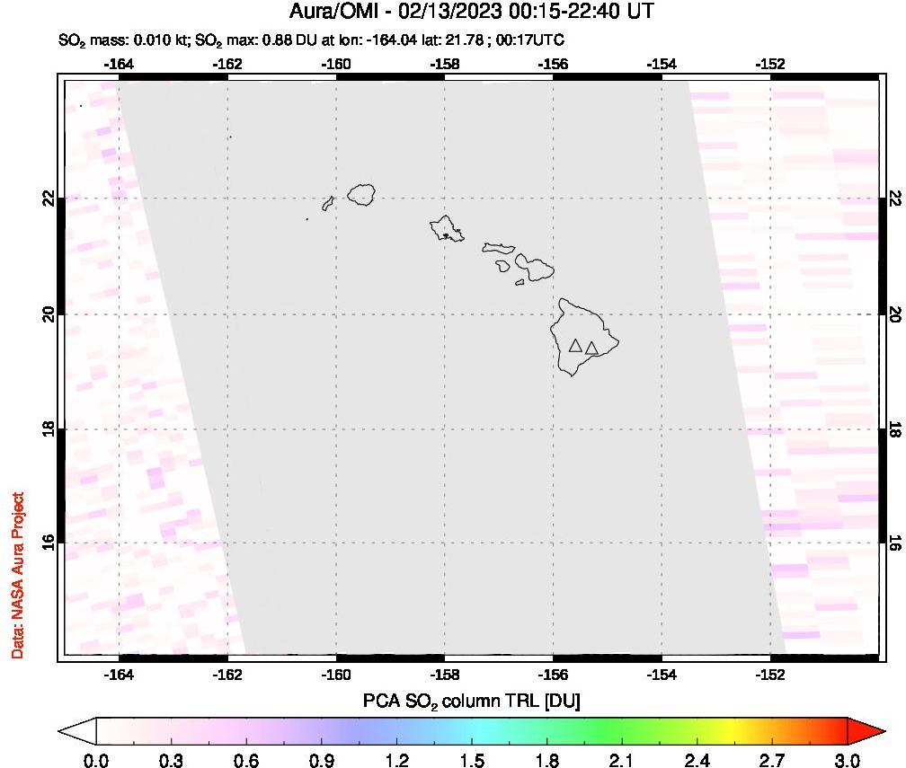 A sulfur dioxide image over Hawaii, USA on Feb 13, 2023.