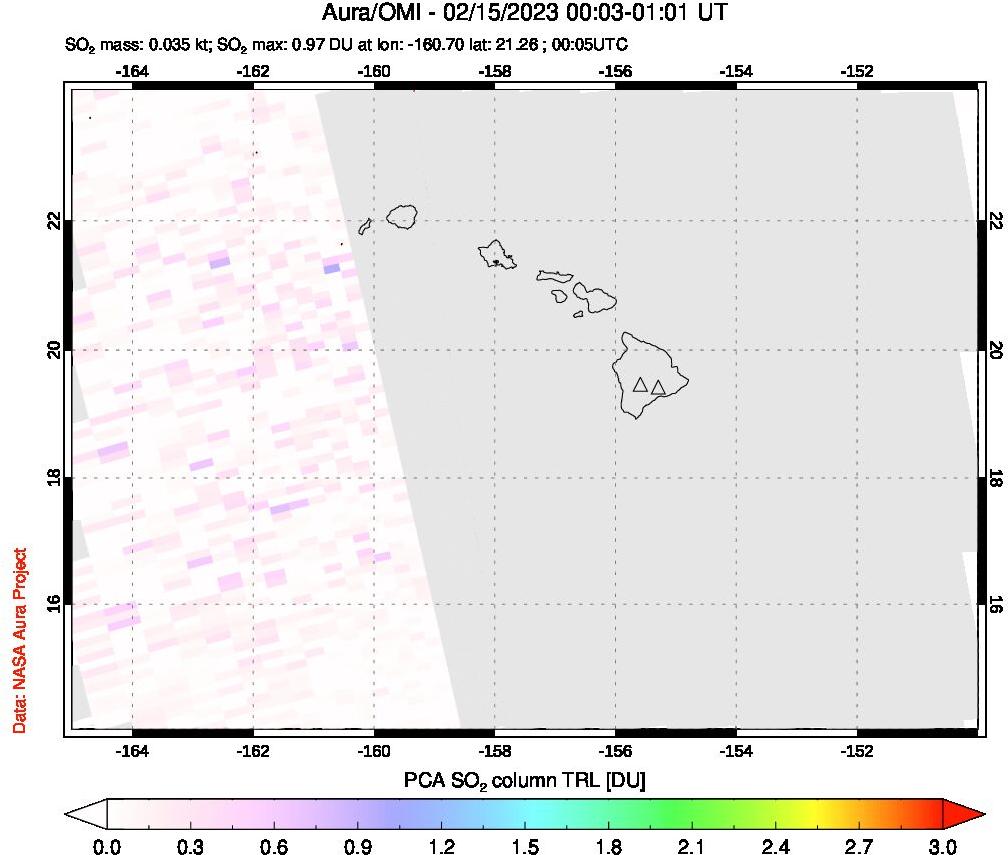 A sulfur dioxide image over Hawaii, USA on Feb 15, 2023.