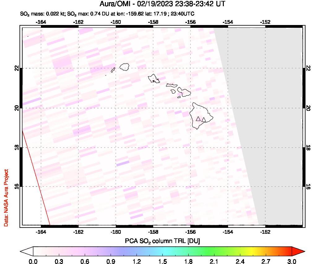 A sulfur dioxide image over Hawaii, USA on Feb 19, 2023.