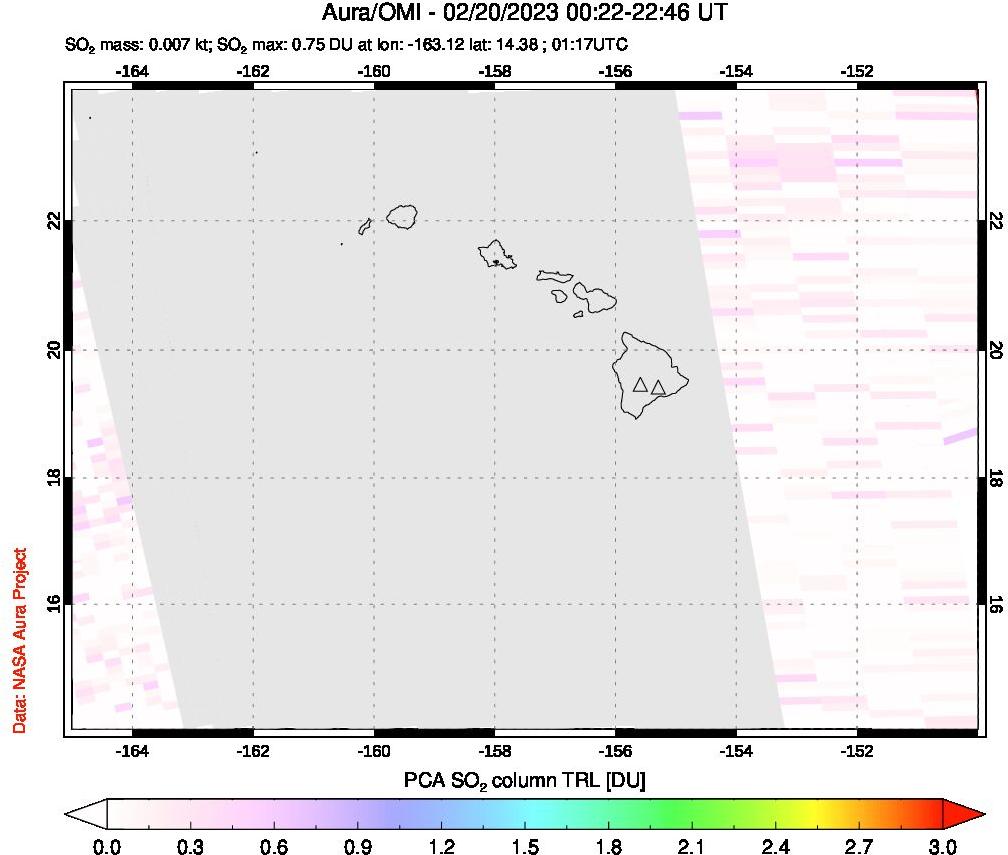 A sulfur dioxide image over Hawaii, USA on Feb 20, 2023.