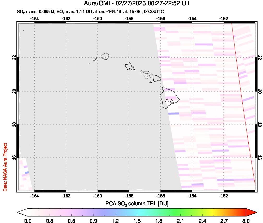 A sulfur dioxide image over Hawaii, USA on Feb 27, 2023.