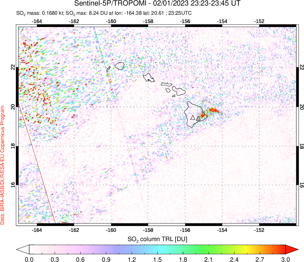A sulfur dioxide image over Hawaii, USA on Feb 01, 2023.