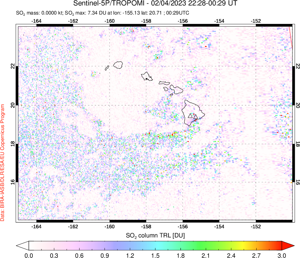 A sulfur dioxide image over Hawaii, USA on Feb 04, 2023.