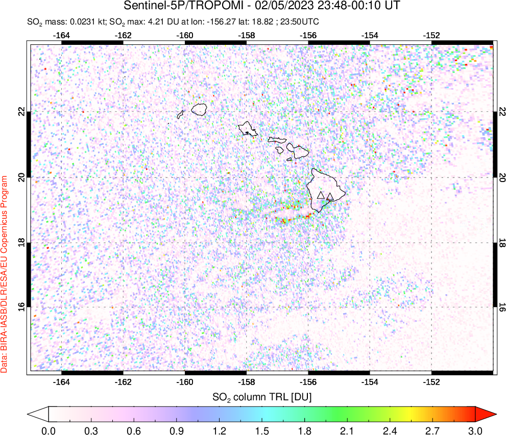 A sulfur dioxide image over Hawaii, USA on Feb 05, 2023.