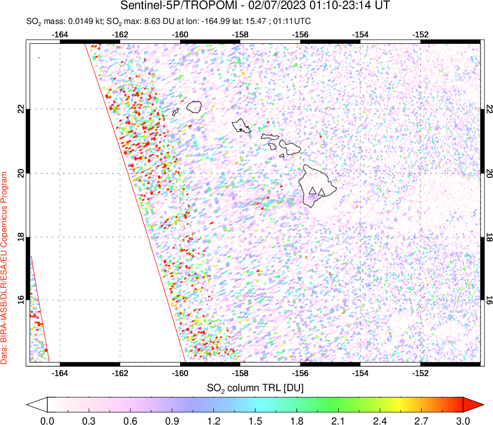 A sulfur dioxide image over Hawaii, USA on Feb 07, 2023.