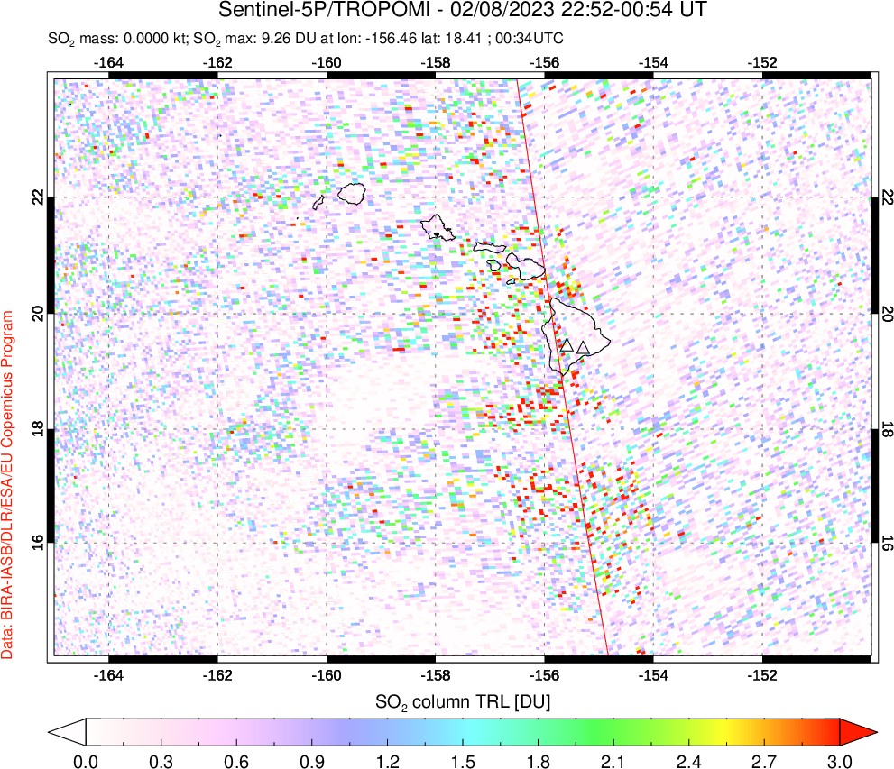 A sulfur dioxide image over Hawaii, USA on Feb 08, 2023.
