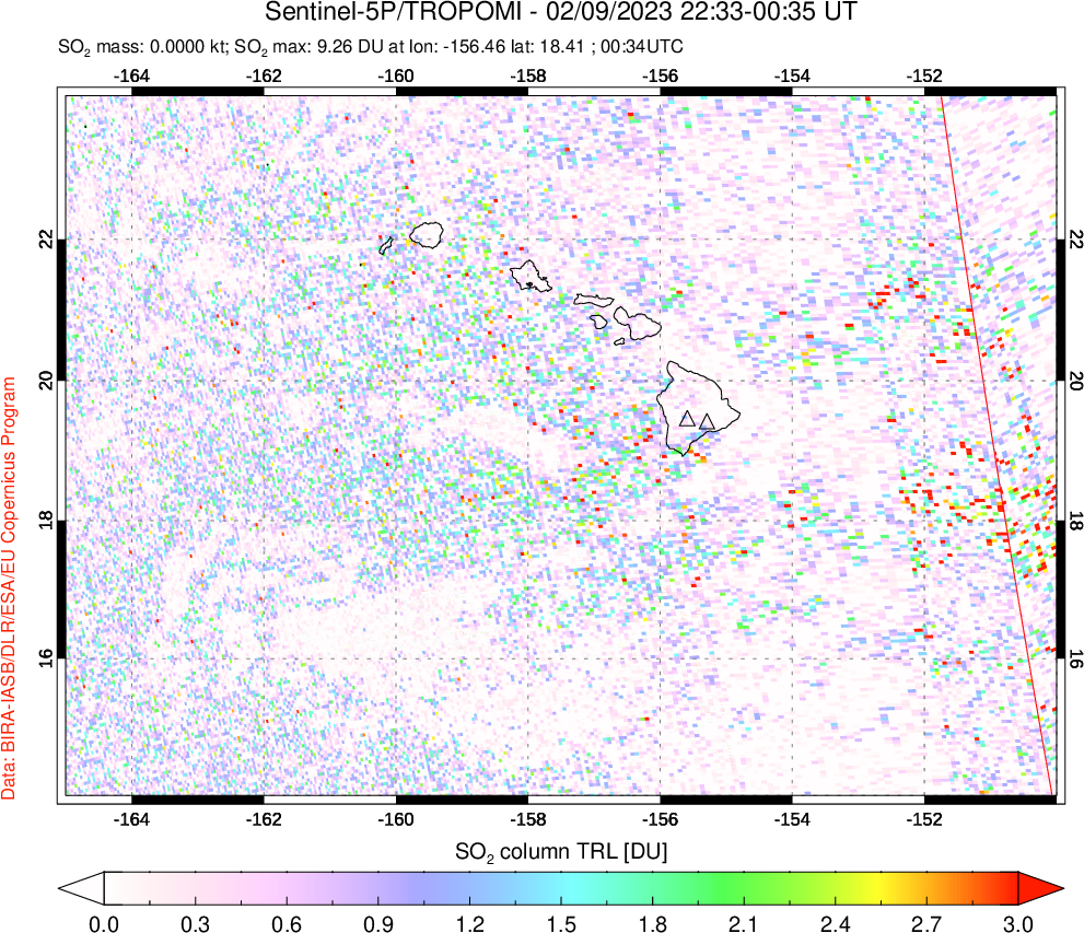 A sulfur dioxide image over Hawaii, USA on Feb 09, 2023.