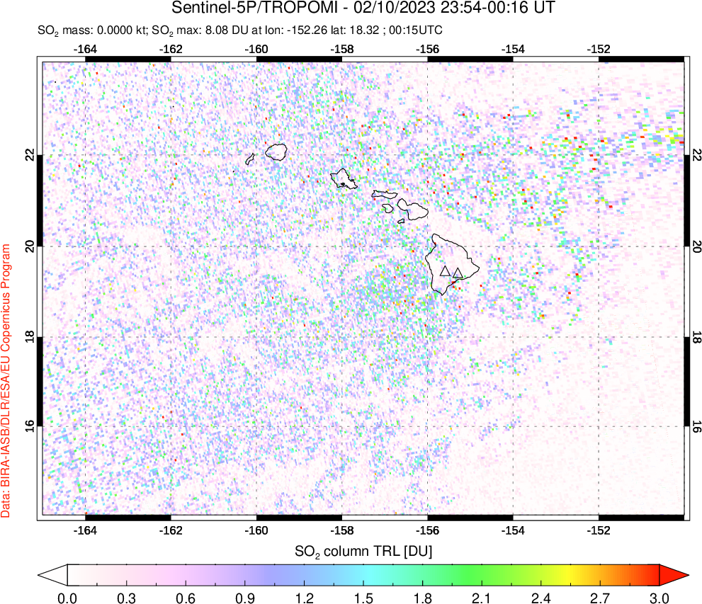 A sulfur dioxide image over Hawaii, USA on Feb 10, 2023.
